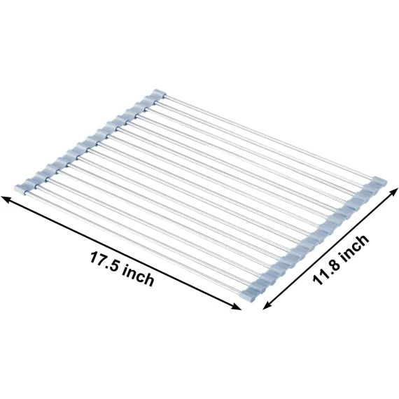 Over The Sink Dish Drying Rack, Roll Up Dish Drying Rack Kitchen Dish Rack Stainless Steel Sink Drying Rack, Foldable Dish Drainer, 17.5''x11.8''