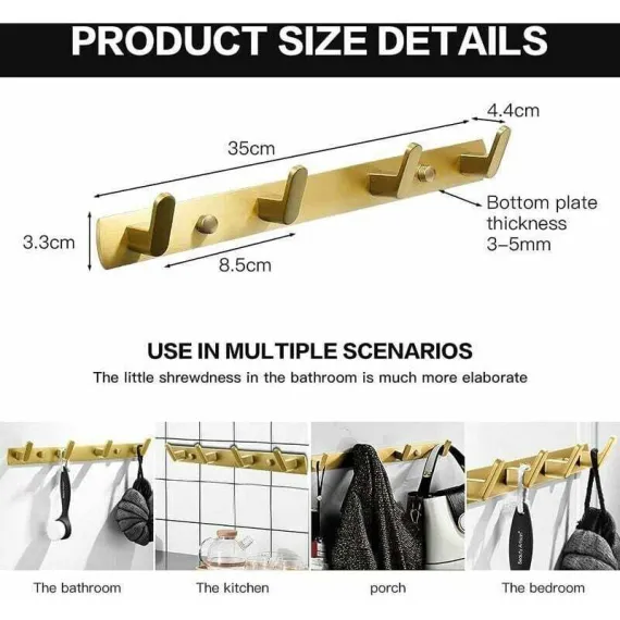Wall Gold, Bedroom Kitchen, Towel Rack Entrance Coat Rack Coat Hook with 4 Hooks Mounted Bathroom Coat Rack