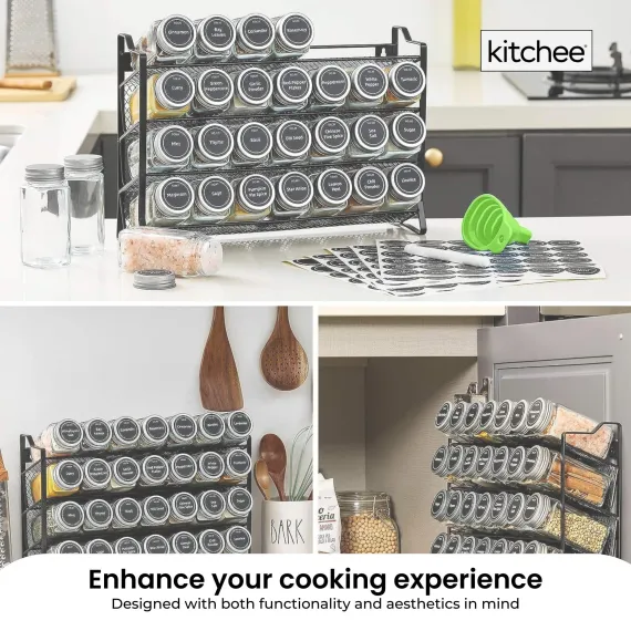 4 Tier Metal Spice Rack + 28 Glass Jars - Kitchen Pantry Herb Storage Organiser