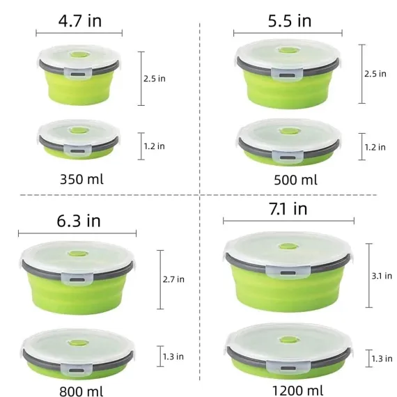 4-Piece Food Storage Container Set - Lunch Box - Collapsible Food Container - Round Silicone Lunch Box - For Camping Kitchens - BPA-Free - Green
