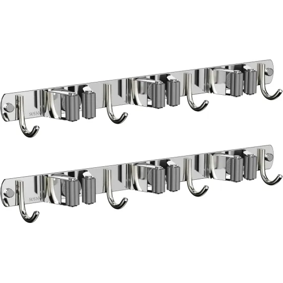 2 Pack Mop and Broom Holder Wall Mount, Non-slip Broom Hanger, Heavy Duty Mop Broom Organizer for Kitchen Garden Garage Laundry Room Wall Decor Organization and Storage Silver 3R4H