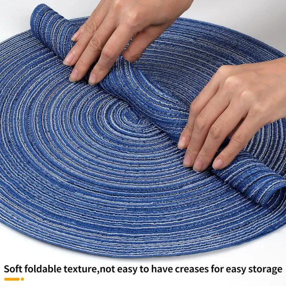 Round Braided Placemats 15inch, Placemats Set of 4 Non-Slip, Round Placemats Heat Resistant, Woven Placemats for Kitchen Dining Tables-Dark Blue Color