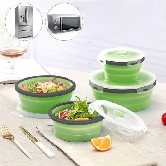 4-Piece Food Storage Container Set - Lunch Box - Collapsible Food Container - Round Silicone Lunch Box - For Camping Kitchens - BPA-Free - Green