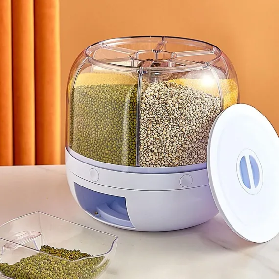 Rotating Storage Container - 5 KG - Storage Container - Food Container - Storage Jar - Food Dispenser - Cornflakes Dispenser - Cereal Dispenser - Rice Dispenser - BPA Free - For Breakfast Cereals - Rotating Food Dispenser With 6 Compartments - Kitchen Org