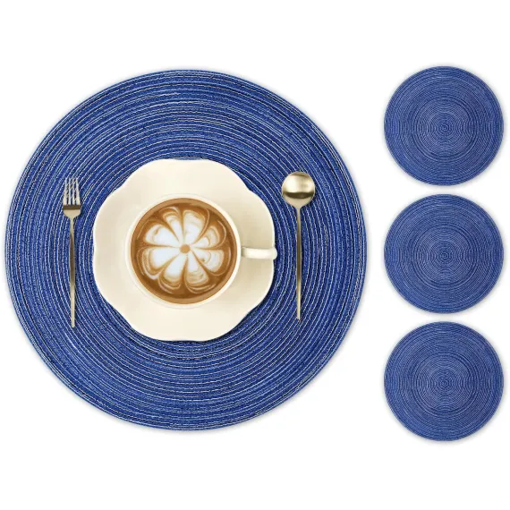 Round Braided Placemats 15inch, Placemats Set of 4 Non-Slip, Round Placemats Heat Resistant, Woven Placemats for Kitchen Dining Tables-Dark Blue Color