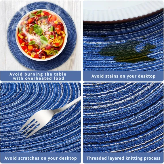 Round Braided Placemats 15inch, Placemats Set of 4 Non-Slip, Round Placemats Heat Resistant, Woven Placemats for Kitchen Dining Tables-Dark Blue Color