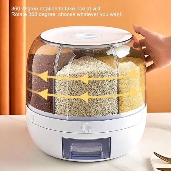 Rotating Storage Container - 5 KG - Storage Container - Food Container - Storage Jar - Food Dispenser - Cornflakes Dispenser - Cereal Dispenser - Rice Dispenser - BPA Free - For Breakfast Cereals - Rotating Food Dispenser With 6 Compartments - Kitchen Org