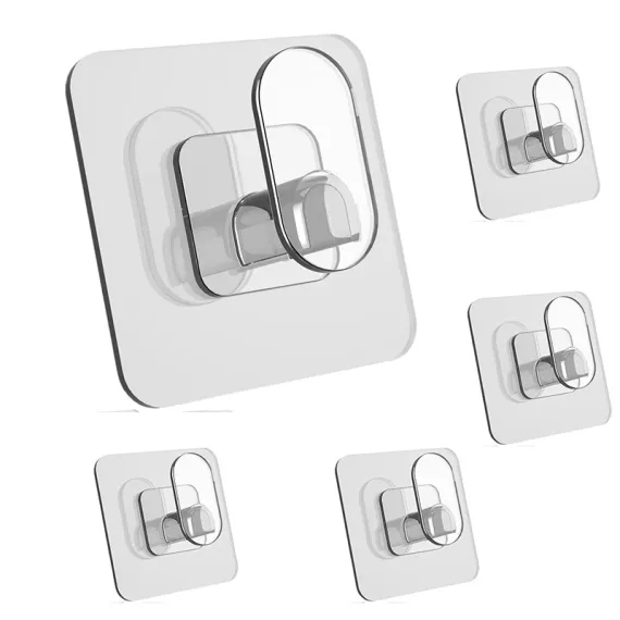 9-Pack Bathroom & Kitchen Organiser Set: 5 Heavy-Duty Clear Adhesive Hooks + 4 Portable Toothbrush Holders(Random Color)