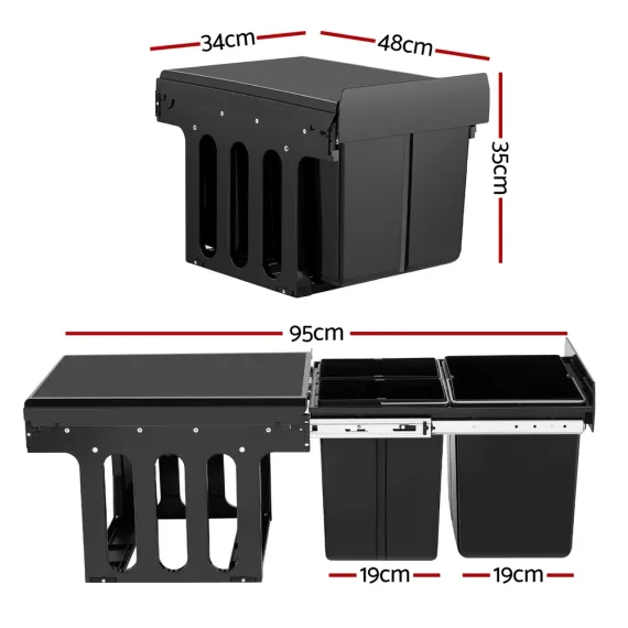 Cefito Pull Out Bin Kitchen Triple Slide Garbage Rubbish Bins Basket Blcak 31L