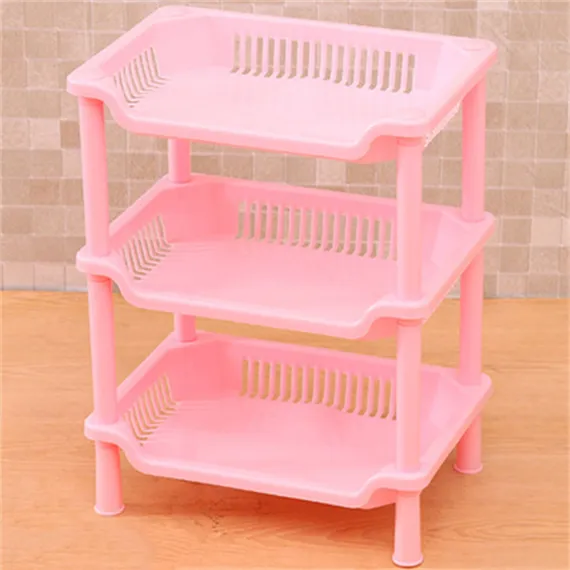 3 Layers Bathroom Standing Shelf Bathroom Stand PP Land Installation Bathroom Rack Storage Shelves for Bathroom KitchenPink Tetragonum