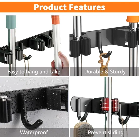 2 Pack Mop and Broom Holder Wall Mount, Non-slip Broom Hanger Wall Mount, Heavy Duty Mop Broom Organizer for Kitchen Garden Garage Laundry Room Wall Decor Organization and Storage Black 3R4H