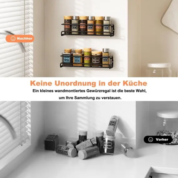 2-Piece Stainless Steel Spice Rack Wall Mounted Organizer, Black, 12.6 x 3.9 x 2.4 inches