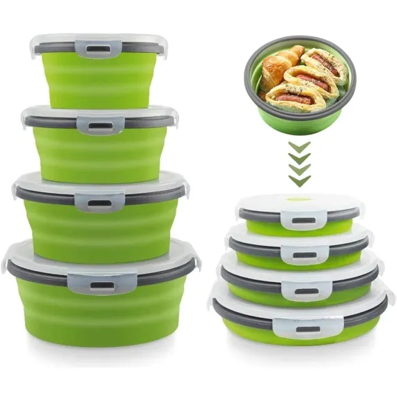 4-Piece Food Storage Container Set - Lunch Box - Collapsible Food Container - Round Silicone Lunch Box - For Camping Kitchens - BPA-Free - Green