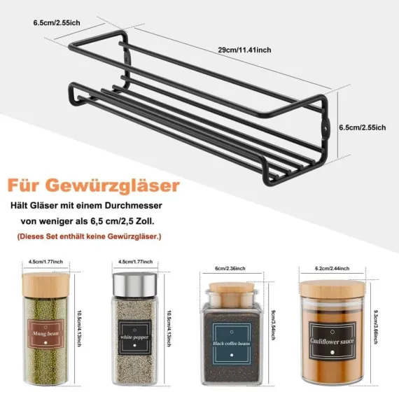 2-Piece Stainless Steel Spice Rack Wall Mounted Organizer, Black, 12.6 x 3.9 x 2.4 inches