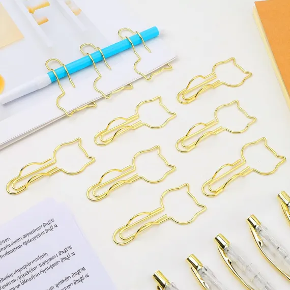 10-Pack Metal Pen Clips - Cute Cat Shaped Gold Paperclip Pen Holder for Notebooks and Papers - Metal Pen Clip Holder and Pen Holder Clip - School Office Supplies