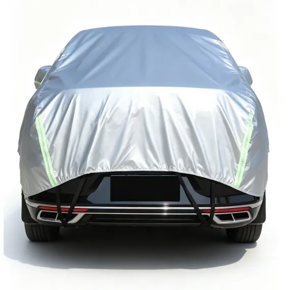 Half Car Cover Sedan with Green Reflective Strip,All Weather Car Body Cover for Sun, Rain, Dust(Fit medium sedans,medium SUVs Length 4.5m to 5.2m)-silver