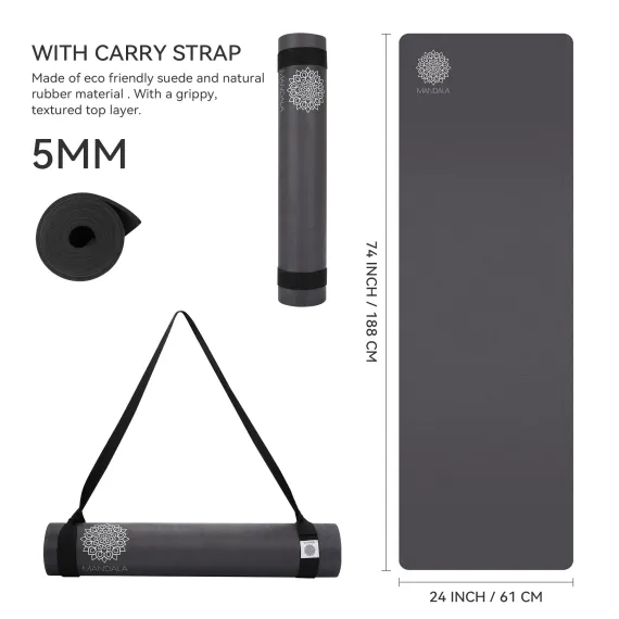 Mandala Yoga Mat Premium Bundle, Includes Yoga Mat 188cm H x 61cm W, Yoga Strap & Steel Hydration Bottle - Black