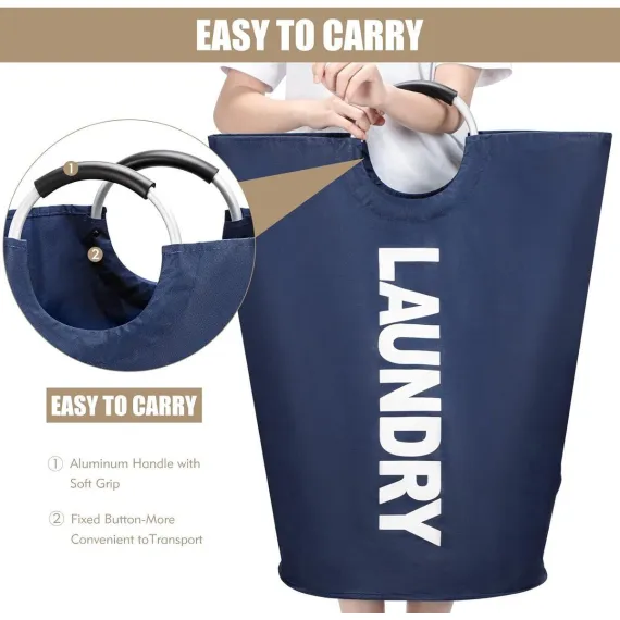 Collapsible laundry basket, Large laundry basket 90 L, Standalone laundry basket with high base, Durable and easy to clean, navy blue