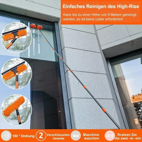 2-in-1 Window Squeegee with Telescopic Handle, 4.5m, Gray - Effective Cleaning for High Windows, Cars, Showers, Indoors & Outdoors