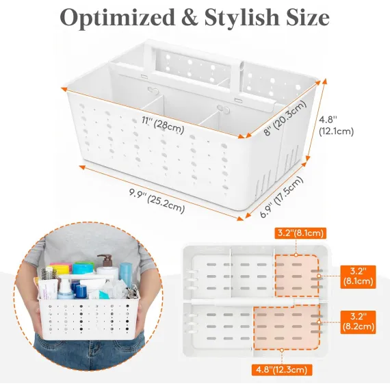 Shower Caddy Portable, Cleaning Supplies Caddy Organizer with Handle and Adjtable Dividers, Plastic Shower Basket for Dorm Room Essentials, College, Bathroom, White, 1 Pack