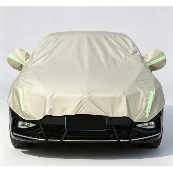 Half Car Cover Sedan with Green Reflective Strip,All Weather Car Body Cover for Sun, Rain, Dust(Fit medium sedans,medium SUVs Length 4.5m to 5.2m)-Sand gold
