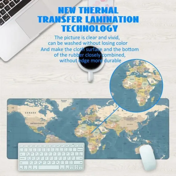 Large 80x30x0.2cm World Map Desk Mat, Non Slip Stitched Edge Keyboard Mouse Pad for Off Home
