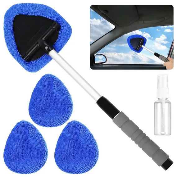 Car Window Cleaning Kit - 5-Piece - Car Window Cleaning Tool - Car Window Cleaning Tool - Car Window Cleaning Brush with Telescopic Handle - 1 Handle + 4 Blue Cloths + 1 50ml Spray Bottle