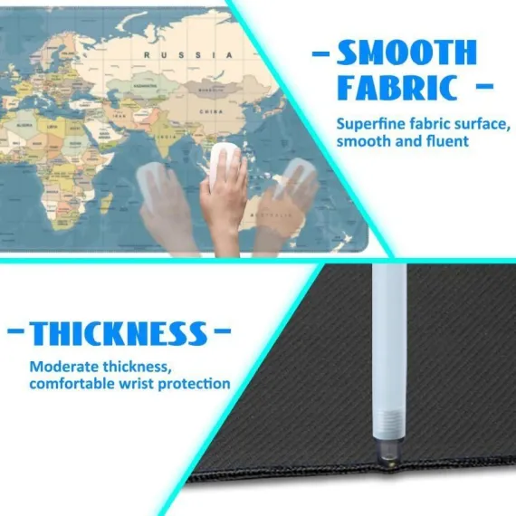 Large 80x30x0.2cm World Map Desk Mat, Non Slip Stitched Edge Keyboard Mouse Pad for Off Home