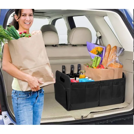 Blue and Black Heavy Duty Collapsible Car Boot Organiser - Large 65L Waterproof Trunk Storage Box with Compartments for SUV & Car