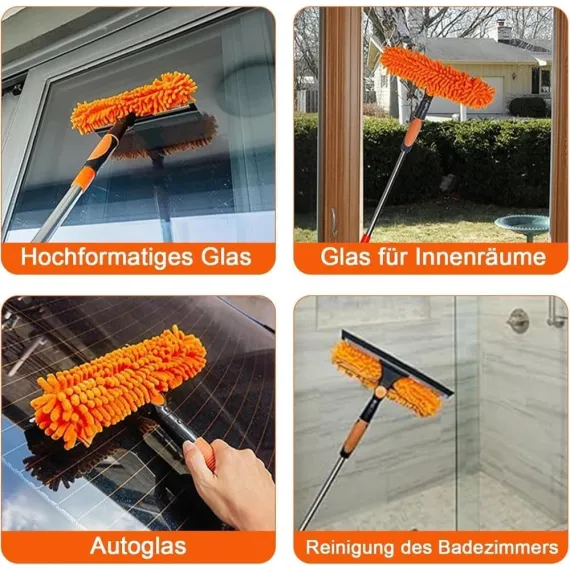 2-in-1 Window Squeegee with Telescopic Handle, 4.5m, Blue - Effective Cleaning for High Windows Cars Showers Indoors Outdoors