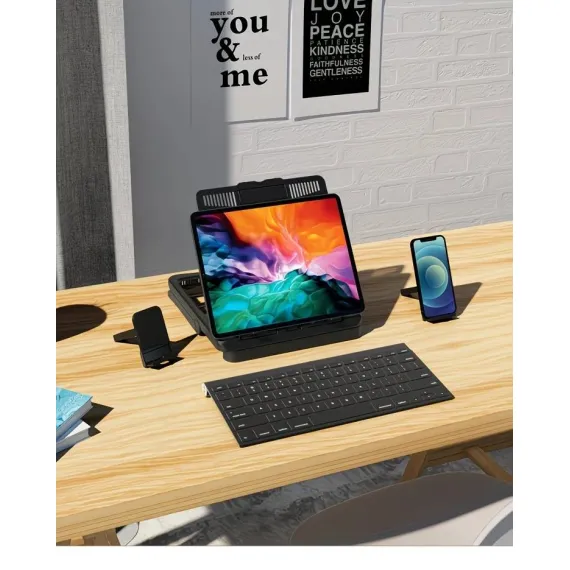 Adjustable laptop stand, designed for 17.3-inch laptops, a portable stand that allows for height adjustment on the desk, and comes with a dedicated phone holder.