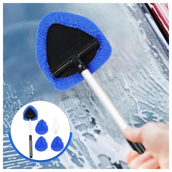Car Window Cleaning Kit - 5-Piece - Car Window Cleaning Tool - Car Window Cleaning Tool - Car Window Cleaning Brush with Telescopic Handle - 1 Handle + 4 Blue Cloths + 1 50ml Spray Bottle