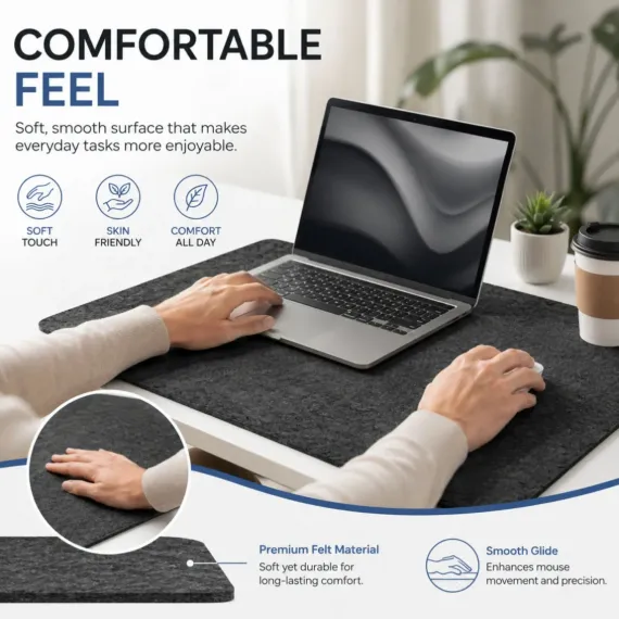 CARLA HOME Felt Desk Mat, Large Mouse Pad 80x40cm, Grey Cotton Linen Fabric