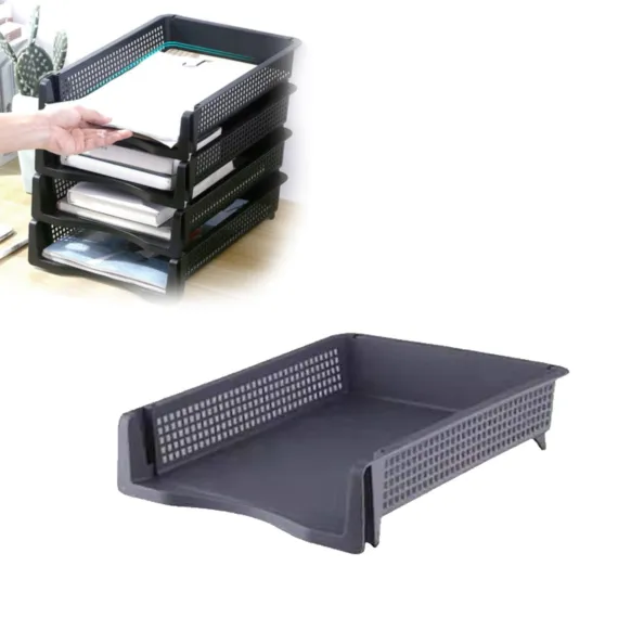 File Box Desktop Document Organizer Stackable Laminated Plastic Papers Rack Storage Tray for Home, 1 Stackable File Storage Rack Vertical Model One Size Grey