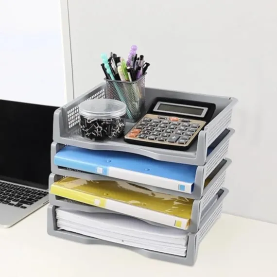 File Box Desktop Document Organizer Stackable Laminated Plastic Papers Rack Storage Tray for Home, 1 Stackable File Storage Rack Vertical Model One Size Grey