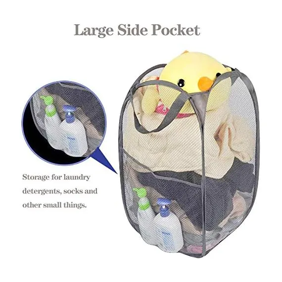 2 Pcs Popup Mesh Laundry Baskets, Collapsible and Portable Clothes Washing Laundry Hampers with Reinforced Carry Handles, Gray Clothes Hamper for Home, Travel, College Dorm