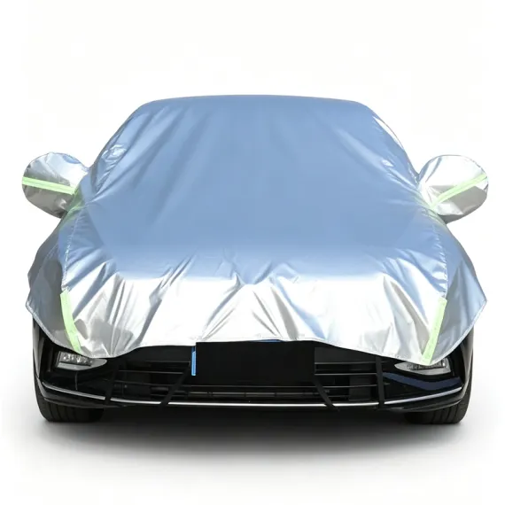 Half Car Cover Sedan with Green Reflective Strip,All Weather Car Body Cover for Sun, Rain, Dust(Fit hatchbacks Length 3.8m to 4.3m)-silver