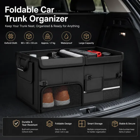 Black Car Boot Organiser - Foldable Waterproof Large Capacity Trunk Storage Box, Space Saving Vehicle Cargo Storage for Groceries, Tools and Travel Essentials