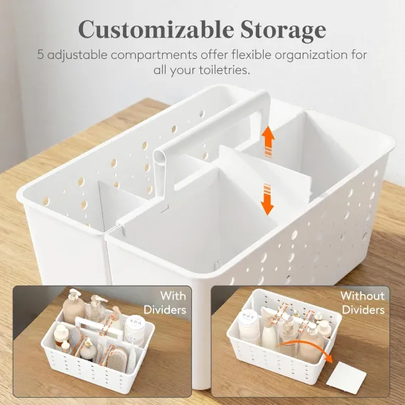 Shower Caddy Portable, Cleaning Supplies Caddy Organizer with Handle and Adjtable Dividers, Plastic Shower Basket for Dorm Room Essentials, College, Bathroom, White, 1 Pack