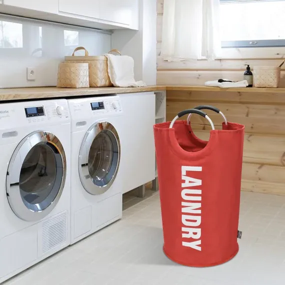 Collapsible laundry basket, Large laundry basket 90 L, Standalone laundry basket with high base, Foldable laundry bucket, red