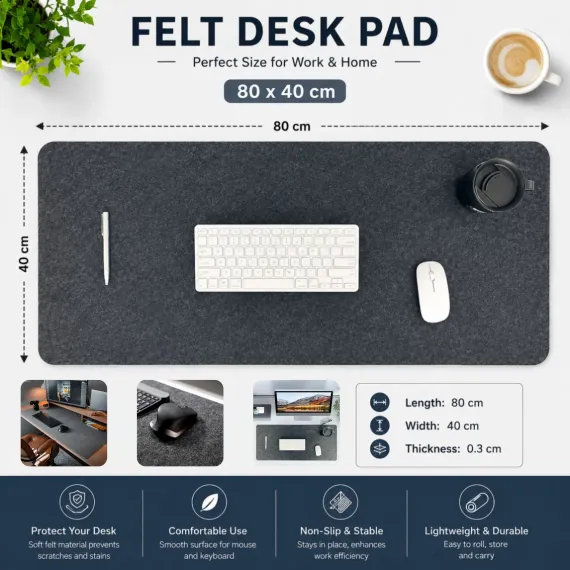 CARLA HOME Felt Desk Mat, Large Mouse Pad 80x40cm, Grey Cotton Linen Fabric