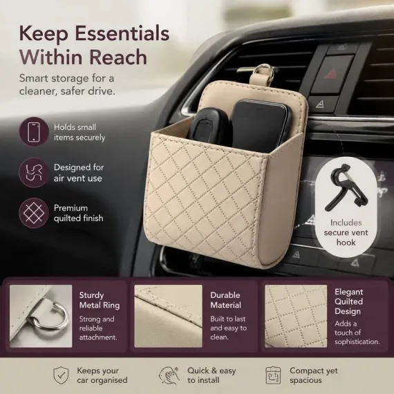 Premium Faux Sheepskin Car Vent Caddy, Portable Car Organiser Pouch For Mobile & Bits, Beige