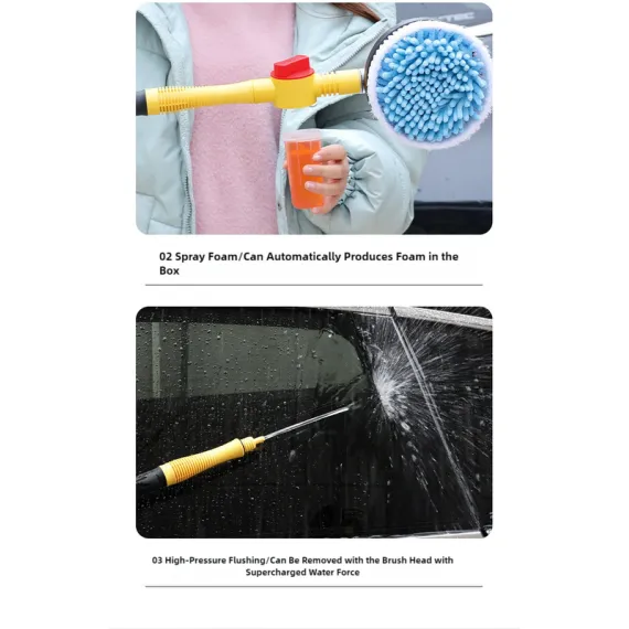 Yellow and Black Rotating Car Washing Brush with Foam Sprayer, High-Pressure Cleaning Tool, 5m Hose Kit for Convenient Vehicle Cleaning