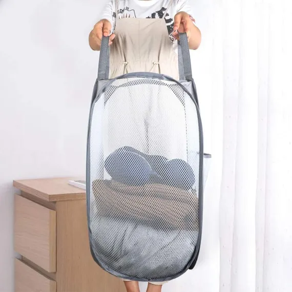 2 Pcs Popup Mesh Laundry Baskets, Collapsible and Portable Clothes Washing Laundry Hampers with Reinforced Carry Handles, Gray Clothes Hamper for Home, Travel, College Dorm