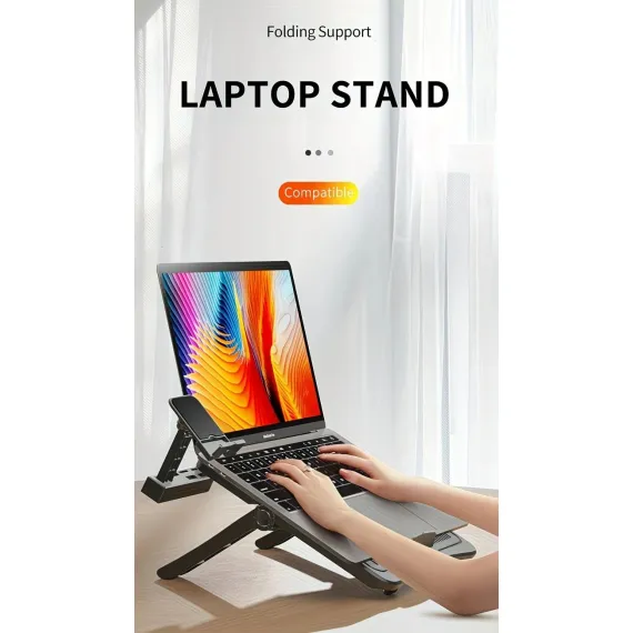 Adjustable laptop stand, designed for 17.3-inch laptops, a portable stand that allows for height adjustment on the desk, and comes with a dedicated phone holder.