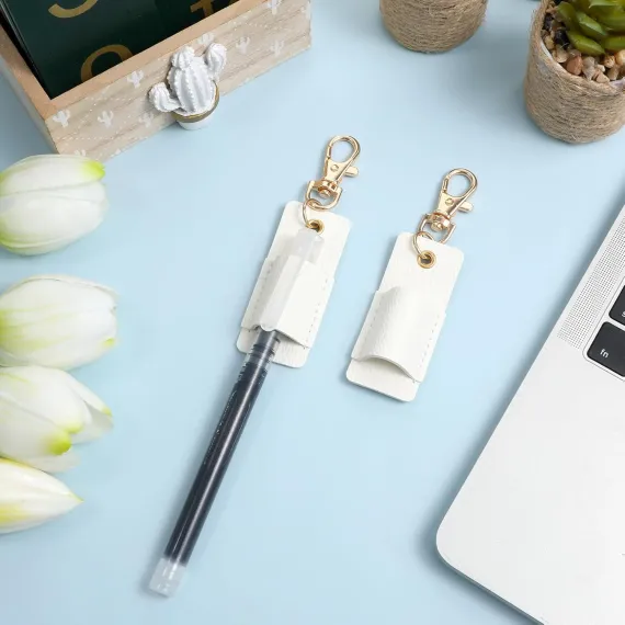 2 Pcs Pen Holder for Lanyard, White PU Leather Anti-Lost Lanyard Pen Clip Retractable Pens Holder Clip Keychain, Portable Pouch Pocket Pens Holders for Pencil Badges Clipboard Nurses Office School