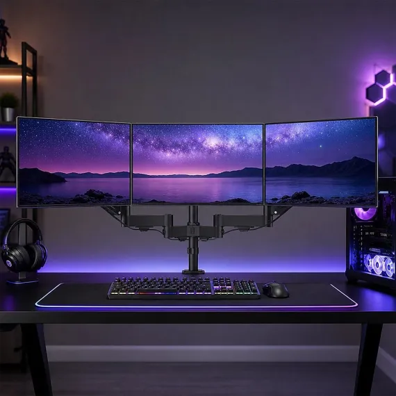 Triple Monitor Mount Stand – Desk Clamp with 3 Adjustable Arms for Multi-Screen Setup