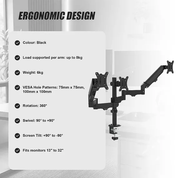 Triple Monitor Mount Stand – Desk Clamp with 3 Adjustable Arms for Multi-Screen Setup