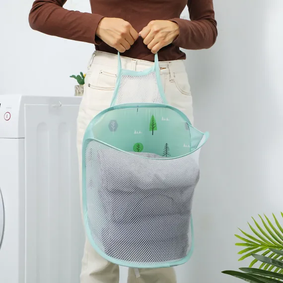 Collapsible Laundry Bag Foldable Laundry Hamper Large Laundry Basket Mesh Wall Mounted for Bathroom with Hook Green Tree