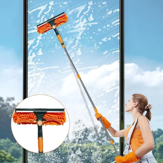 2-in-1 Window Squeegee with Telescopic Handle, 4.5m, Gray - Effective Cleaning for High Windows, Cars, Showers, Indoors & Outdoors